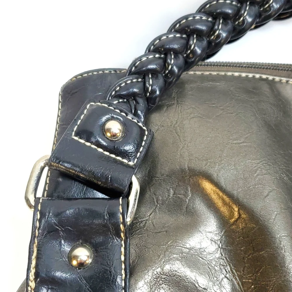 Extra Large Metallic Taupe Black Braided Straps Faux Leather Tote Bag EUC